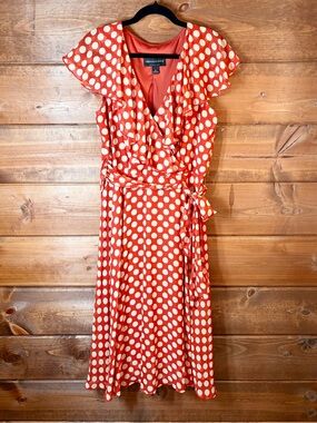 Connected Apparel Rust Orange Polka Dot Faux Wrap Midi Dress Tie Waist Size 8 🧡